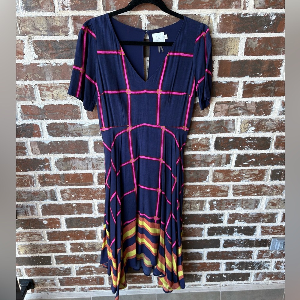 HD In Paris Navy Multicolor Windowpane Fit & Flare Midi Dress Size 0